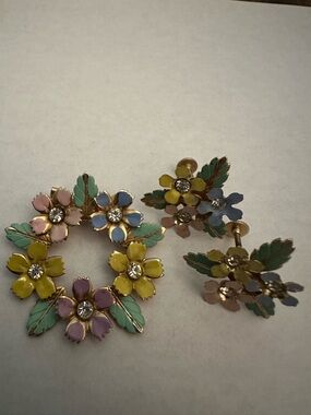 Pastel Floral Enamel Brooch with Matching Earrings - Yellow, Pink, Blue, Green